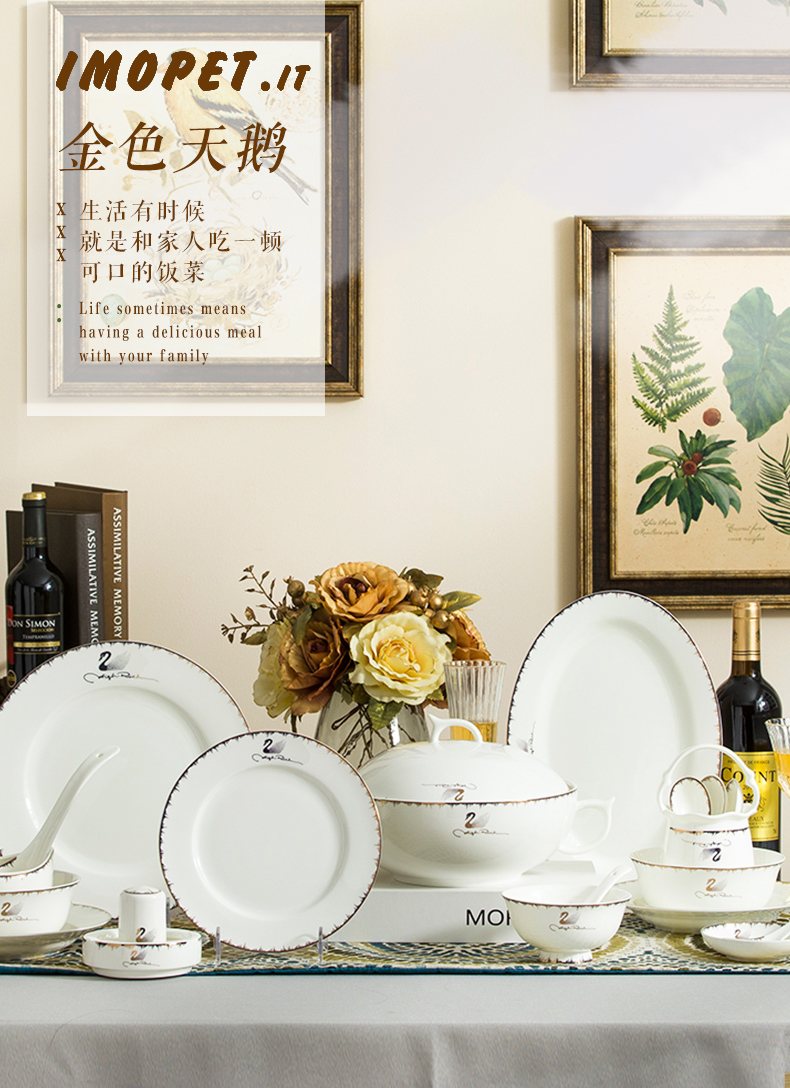 The dishes suit household porcelain tableware dishes chopsticks contracted Europe type 56 skull jingdezhen ceramic combination yellow up phnom penh