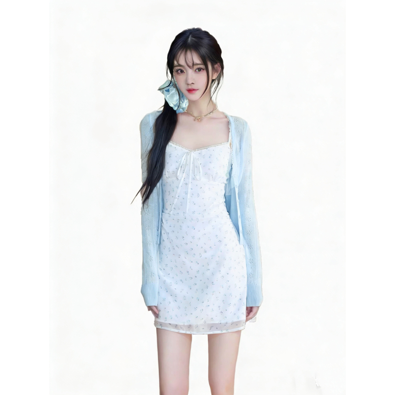 Popwest Original H2An1Studio Spring Floral Dress Camisole Dress Shawl Cardigan Set
