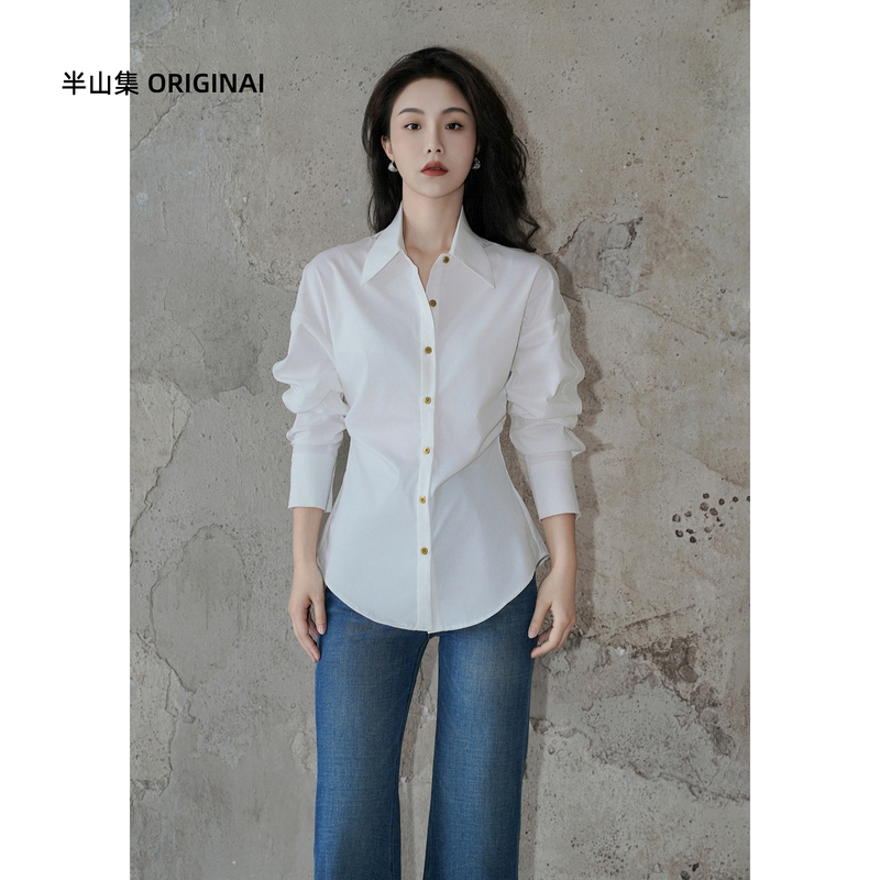 Banshanji [Elegant Style] Waist-Cinching Design White Light Luxury Elegant Versatile Commuter Shirt Top for Women 3355