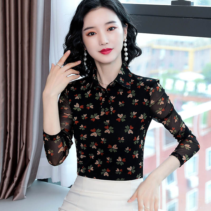 Spring and Autumn Floral Blouse for Women 2025 New Fashionable and Elegant Waist-Slimming Versatile Mesh Base Shirt Plus Size Top