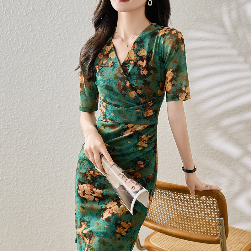 Summer Half-Sleeve Mesh High-End Dress 2025 New Elegant Retro Style Short-Sleeve Fashionable Over-The-Knee Dress for Women