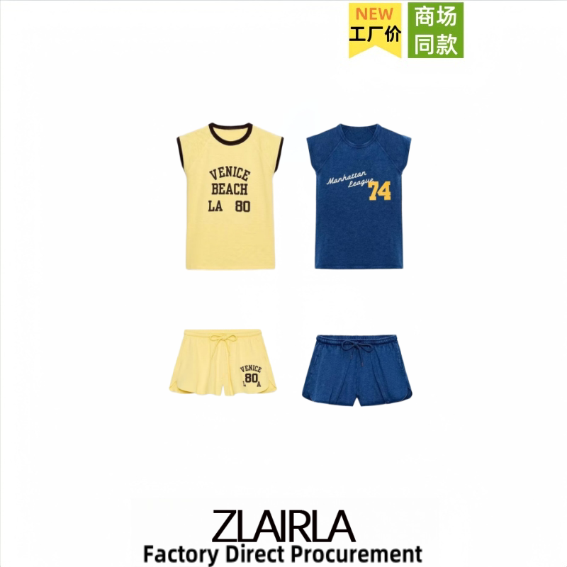 Za Women's Summer New Style Tie-Dye Letter Print Shorts 4424013 Tie-Dye Trim Sleeveless T-Shirt 4424012