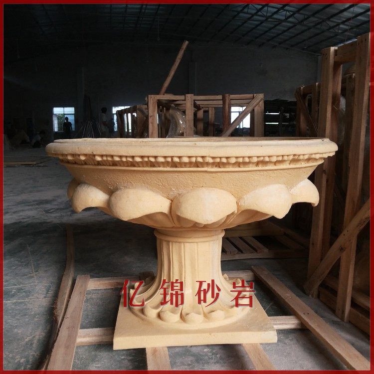 Yi Jin sandstone flower pot Round carving relief Garden landscape sculpture Indoor and outdoor decoration ornaments Petal leaf European flower pot
