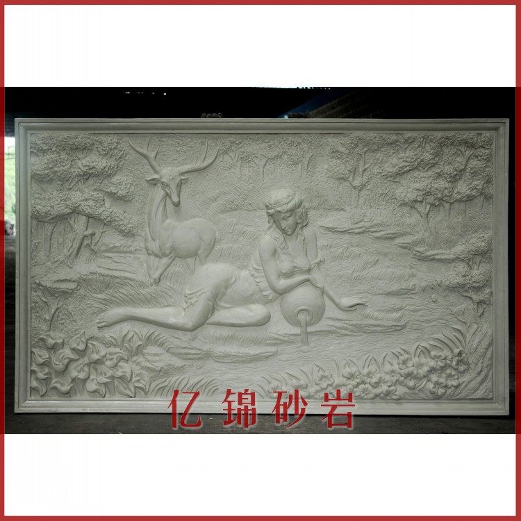 Billion Jin artificial sandstone sculpture relief sandstone figure stereo TV background wall wall murals - girl and deer