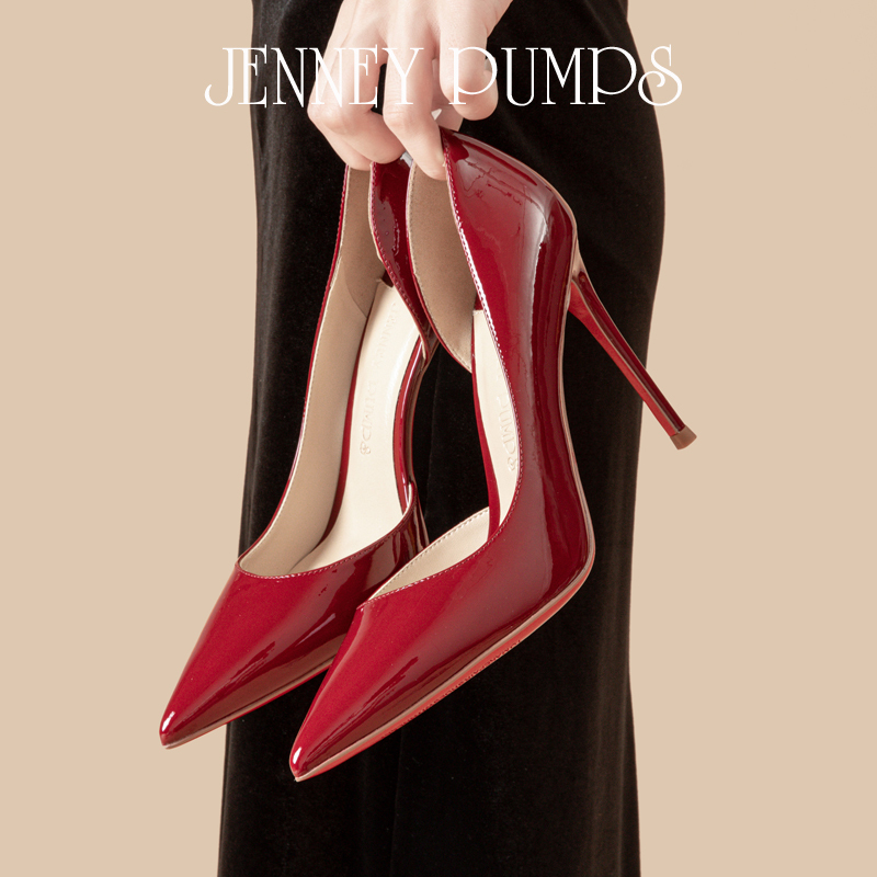 Zhou Zhenjie Series [Bai Jing] Agate Red High-Heeled Shoes for Women, Stiletto Pointed Toe Side Hollow Patent Leather Single Shoes for Women