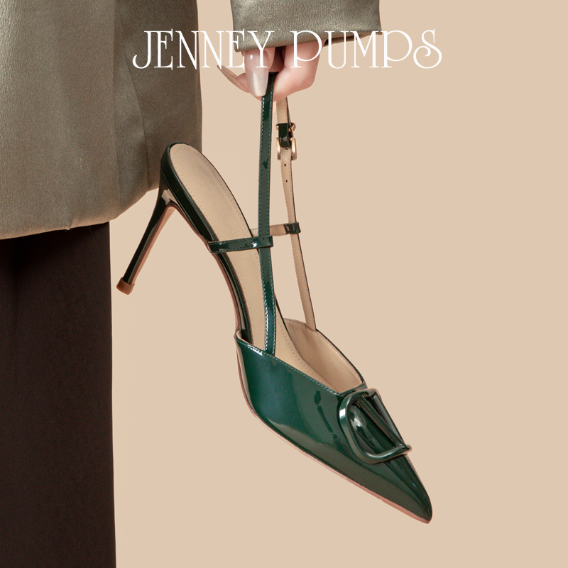 Zhou Zhenjie Series [Dragon and Phoenix Bring Prosperity] Green High-Heeled Shoes, Stiletto Heel, Pointed Toe, Open Back, V-Buckle Patent Leather Single Sandals