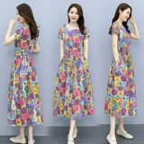 Длинное летнее платье, приталенная длинная юбка, из хлопка и льна, средней длины, на шнурках, цветочный принт