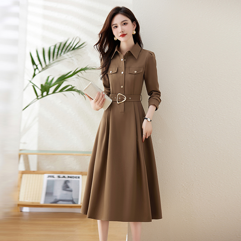 High-End Spring and Autumn Long-Sleeved Shirt Dress for Women 2026 New Style Waist-Cinching Slimming Elegant Lapel Over-The-Knee Long Skirt