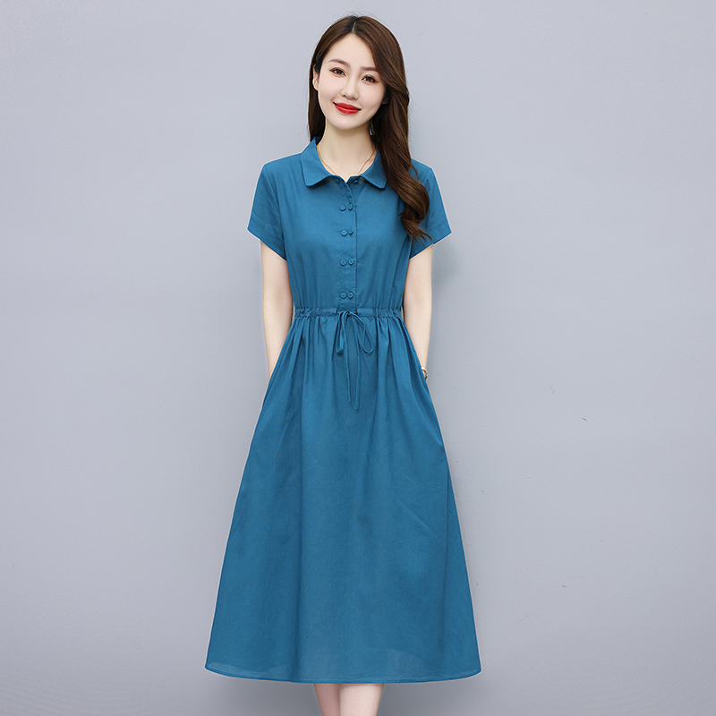 Solid Color Cotton and Linen Dress for Women, Summer 2026 New Style, Waist-Cinching, Slimming, Mid-Length, Age-Reducing, Stylish Shirt-Style Long Dress