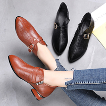 2022 spring autumn new genuine leather coarse heel single shoes with pointed deep mouth womens shoes big code softbottom Inn wind small leather shoes