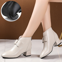 Coarse Heel Short Boots Woman Genuine Leather 2022 Spring Autumn New Middle Heel 100 Hitch Women Boots Soft Bottom Butterfly Knot Womens Shoes Short Barrel Single Boots