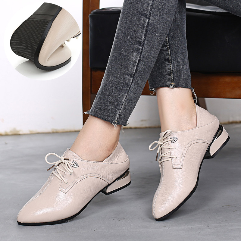 2022 spring and autumn leather flat shoes low heel pointed toe lace up British style lace up women's shoes large size deep mouth small leather shoes