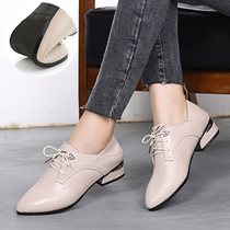 2022 spring autumn genuine leather flat bottom single shoe low heel pointed lace Inlan wind lace woman shoes big code deep mouth small leather shoes