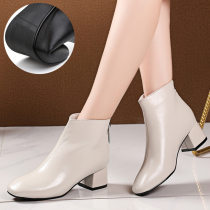 Coarse Heel Short Boots Woman 2022 Chunqiu genuine leather with Martin boots Big code beige square head Womens boot Soft bottom short cylinder Single boot