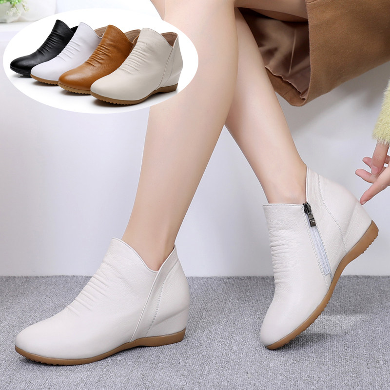 2021 Spring and Autumn Leather Flat Boots Casual Inner HeightEnssed Women's Boots Large Size Soft-Soled Women's Shoes Short Barrel Full Cowhide Single Boots