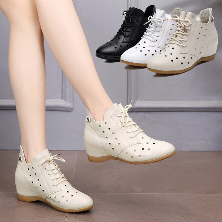 Spring and Autumn Leather Flat Hollow Boots Casual Lace Up Women's Boots Summer Large Size Round Toe Single Boots Hollow Women's Shoes