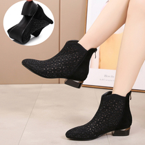 2022 spring summer new genuine leather flat bottom mesh yarn short boot flat heel Custard Hollow Breathable Women Boots Water Drill Women Shoes Sandals