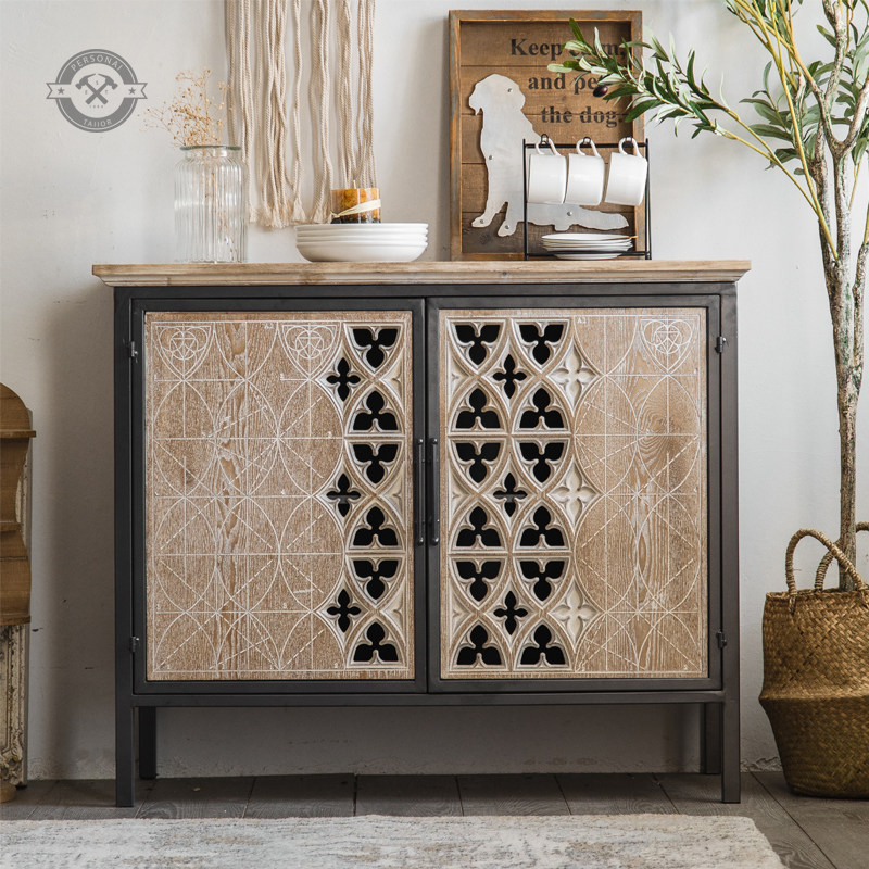 American porch cabinet solid wood carving retro industrial style dining cabinet homestay living room decorative storage cabinet against the wall side cabinet