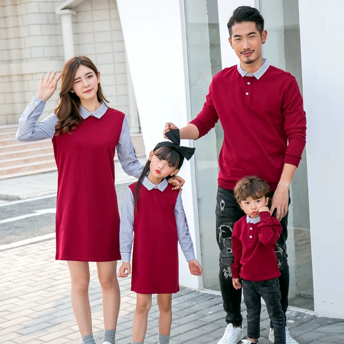 Cha mẹ con mùa thu đông 2018 mẫu áo len giả hai chiếc áo len hai dây mẹ và váy con gái thời trang full nhà rộng rãi cộng với áo khoác nhung thời trang gia đình