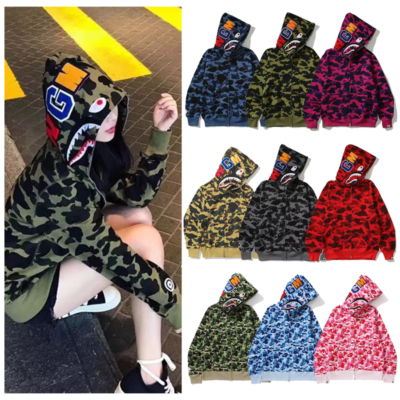 Japanese-Style Shark Camouflage Zip-Up Jacket Trendy Glow-In-The-Dark Embroidery Loose Hooded Cardigan Unisex Student Sweatshirt