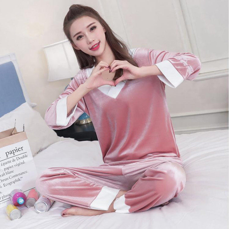 2022 new spring summer velvet ladies' home cuddly minimalist long sleeves Long pants casual Two-style pyjamas