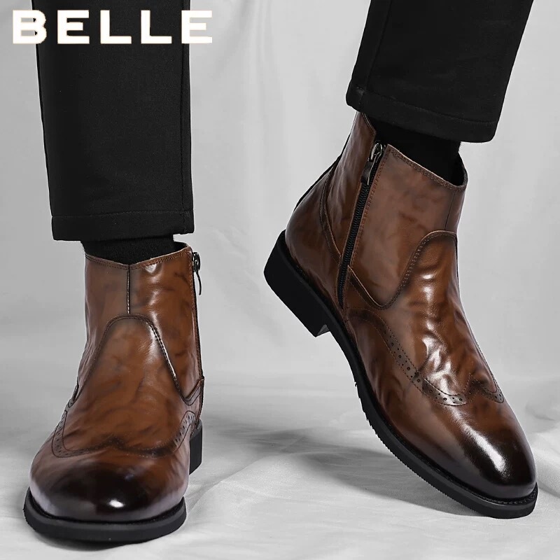 Belle Men's Leather Shoes 2026 Spring New Genuine Leather Men's Martin Boots High-Top British Chelsea Leather Boots Short Boots