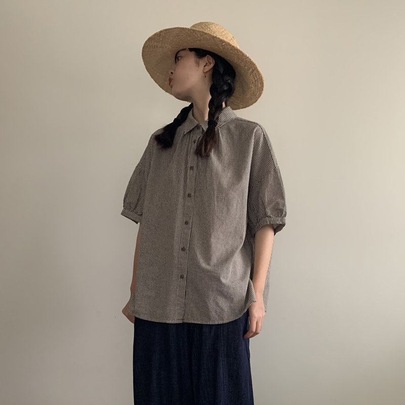 Senyuji Plaid Short-Sleeved Shirt for Women 2024 Summer New Style Shirt with Lantern Sleeves, Artistic Retro Pure Cotton Blouse Top