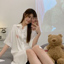 White Shirt Sleeping Dress Woman Spring Autumn Long Sleeve Ice Silk Sleepwear Boyfriend Wind Shirt Sexy Dew Back Loose big code Home Home Clothes