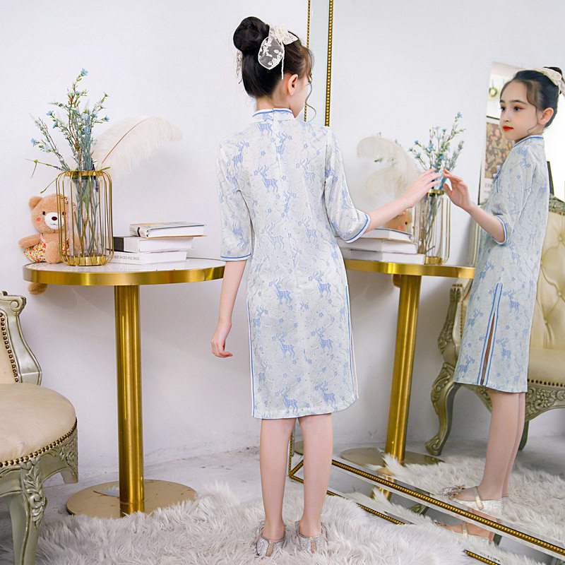 2022 autumn national style cheongsam blue girls stand collar slit dress trendy improved summer girls cheongsam skirt