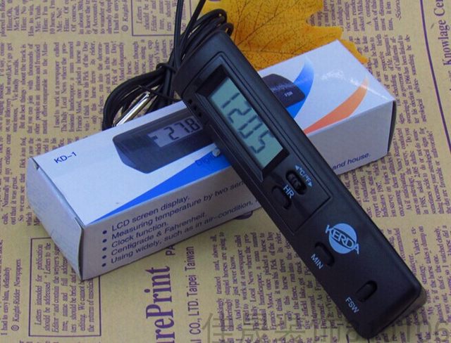 Liquid crystal display electronic thermometer for automobiles and household industries with high precision with clocks and cold storage thermometer dual probe