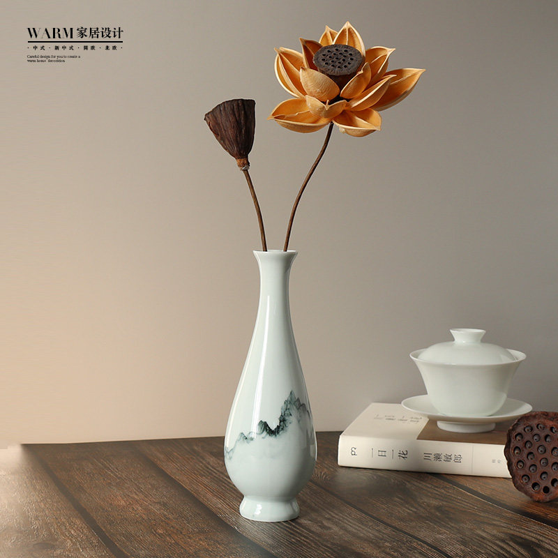 Jingdezhen Hand-painted Green Ceramic Small Vase Dry Flower Pendulum Piece Zen retro Tea Road spare parts Chinese decorations