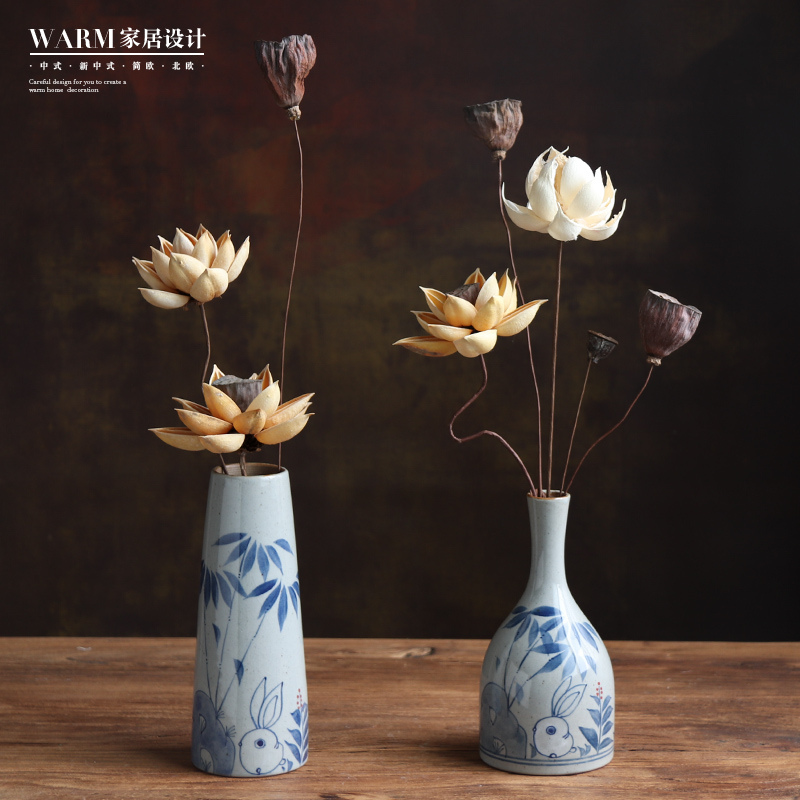 Jingdezhen Hand-painted Green Flower Small Vase Dry Flower Bouquet Livingroom Decoration Flower Arrangement Zen retro Chinese Pendulum Piece-Taobao