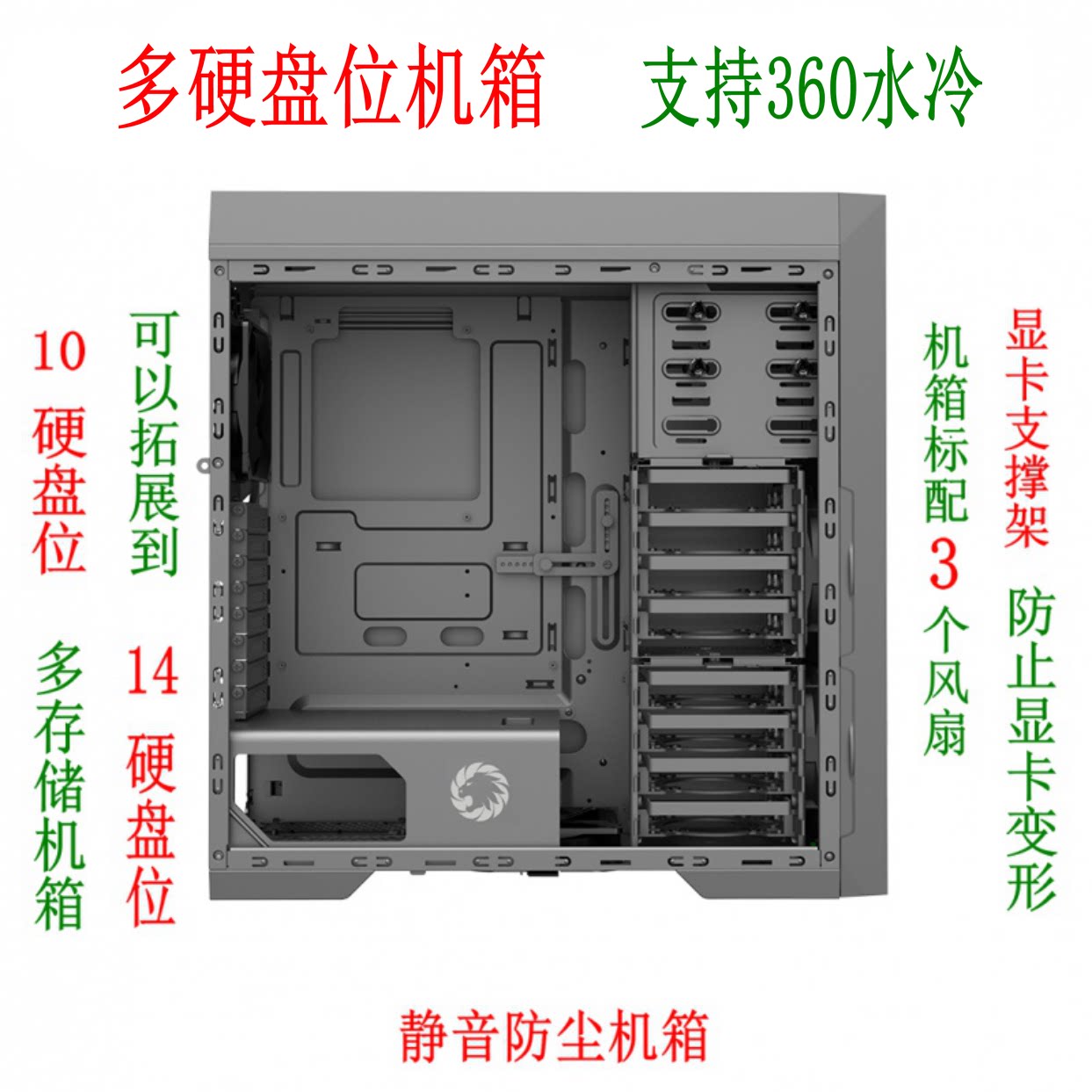 gammax gaming empire giant computer case nas multi-hard disc bit mute dust-proof server water cooling host shell
