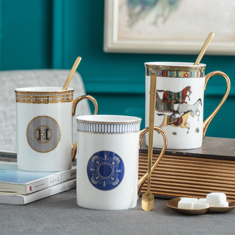 European ceramic cup Simple bone ceramic cup Mark cup Gold handle gift box gold spoon gift gift home