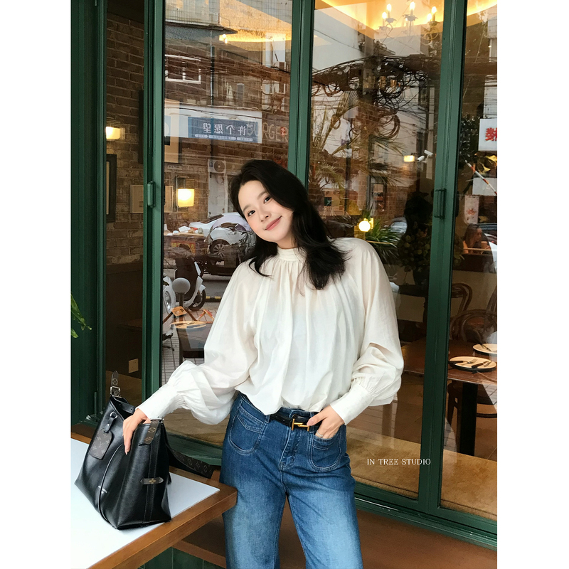 Meow Fat Zhang Tungtung【Autumn in Prague】Elegant Shimmering Texture Pleated Lantern Sleeve Pearl Button Shirt Meow Fat Zhang Tungtung【Autumn in Prague】Elegant Shimmering Texture Pleated Lantern Sleeve Pearl Button Shirt