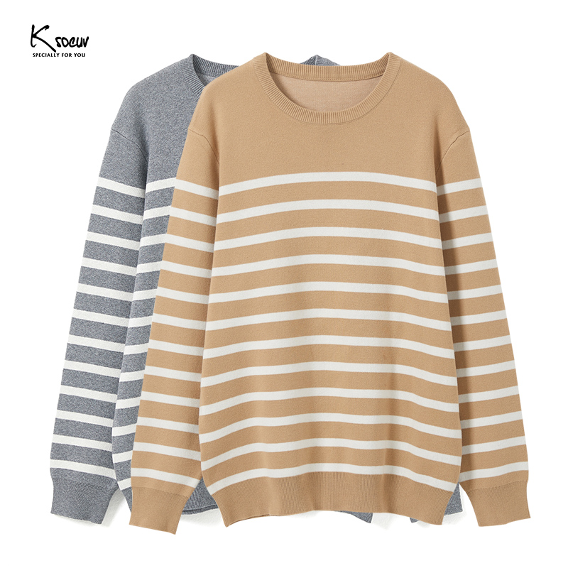 K sister men's striped contrast color sweater 525G clear cotton loose and thin all-match long-sleeved knitted sweater top