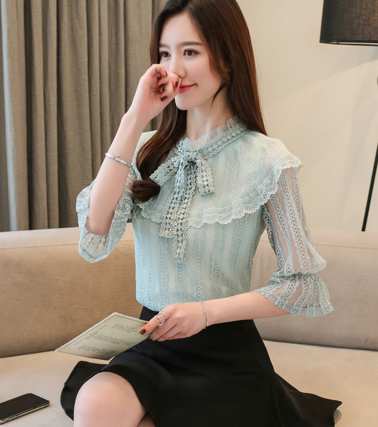 VK旗艦店 韓系蕾絲顯瘦喇叭袖雪紡襯衫短袖上衣