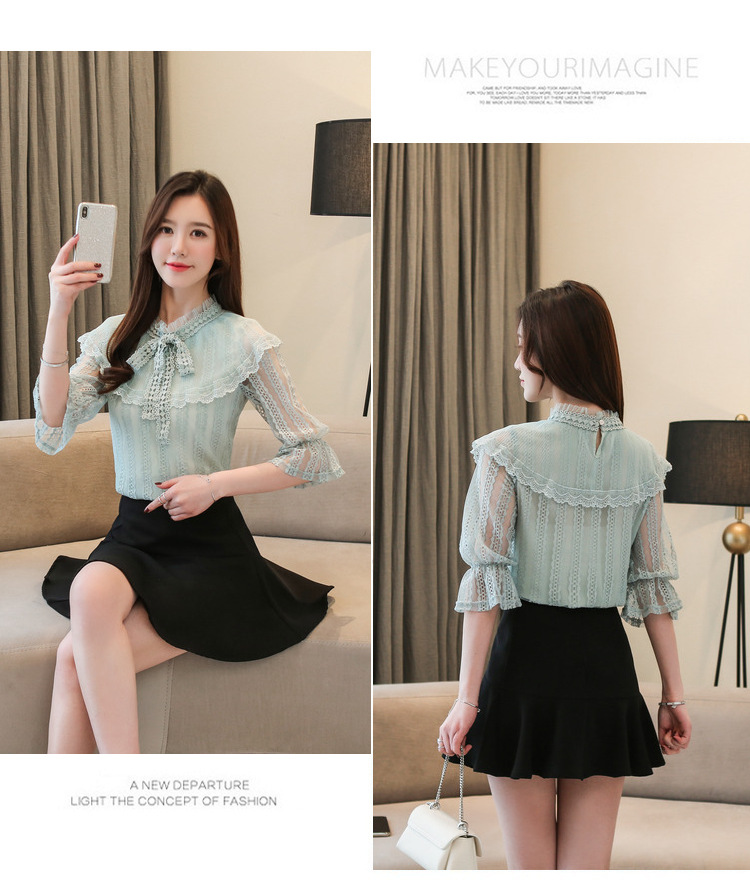 VK旗艦店 韓系蕾絲顯瘦喇叭袖雪紡襯衫短袖上衣