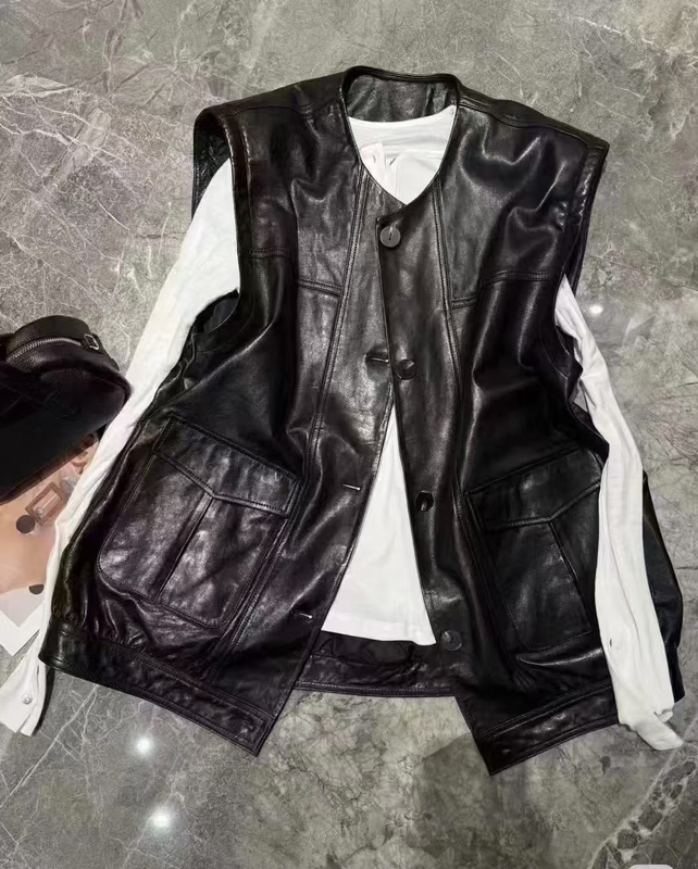 New Spring, Autumn and Winter Genuine Leather Vest Imported First-Layer Sheepskin Oil Wax Leather Vest Leather Jacket