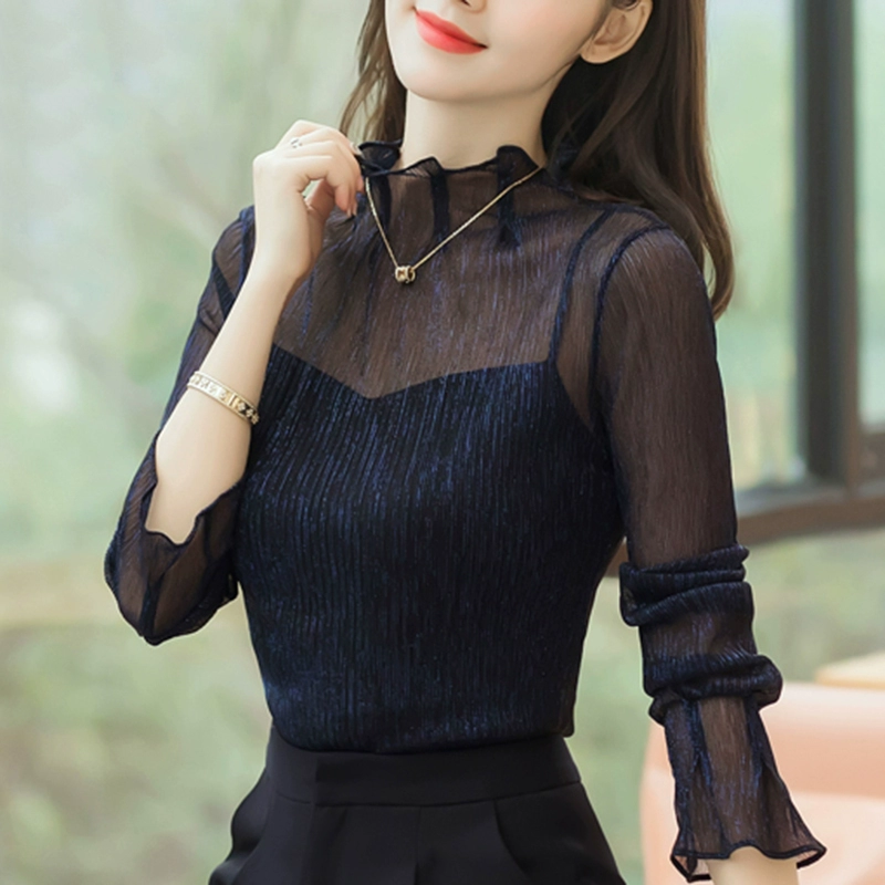 Áo sơ mi ren đáy, bộ đồ hai mảnh lưới rỗng, áo voan siêu cổ tích, quần áo nữ, làn sóng mới, mùa xuân năm 2021 - Áo sơ mi chiffon ren