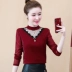 Áo sơ mi đáy cao nửa cổ áo sơ mi nữ thu đông phong cách mới sợi lưới kích thước lớn phong cách phương tây cộng với quần tất nhung dài tay áo thun nữ - Áo sơ mi chiffon ren