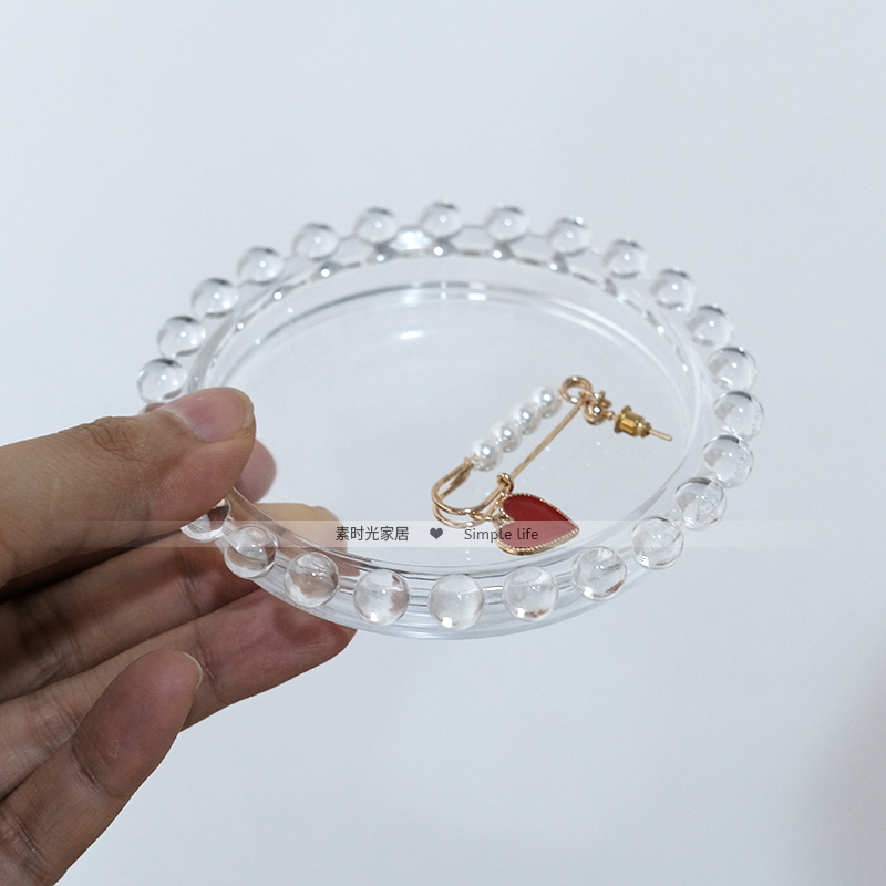Mini Pearl edge glass plate transparent small dish jewelry storage plate coaster jewelry holding tray props