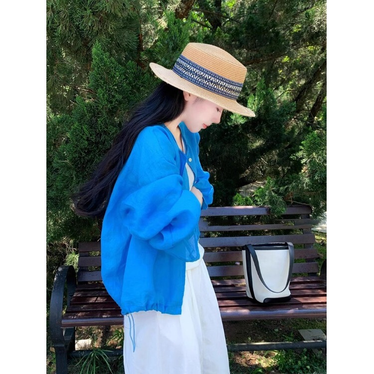 Klein Blue Sky Sunscreen Shirt Jacket for Women, New Summer Thin Loose Linen Outerwear, Small Shawl Cardigan Top