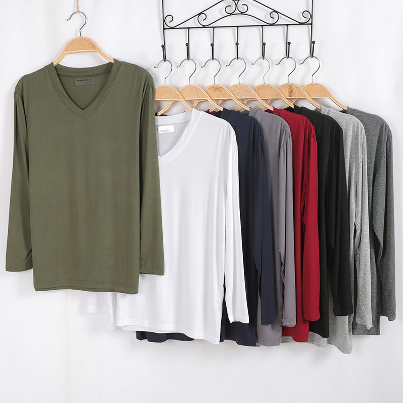 Modell cotton long sleeve pyjamas men's spring and autumn large size blouses blouse autumn winter single piece V collar bottom thin section T-shirt family clothes