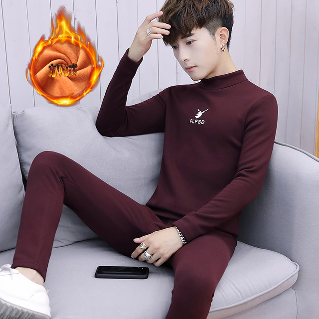 Woodpecker men's new winter velvet thickened autumn clothes and autumn pants half turtleneck youth thermal underwear set