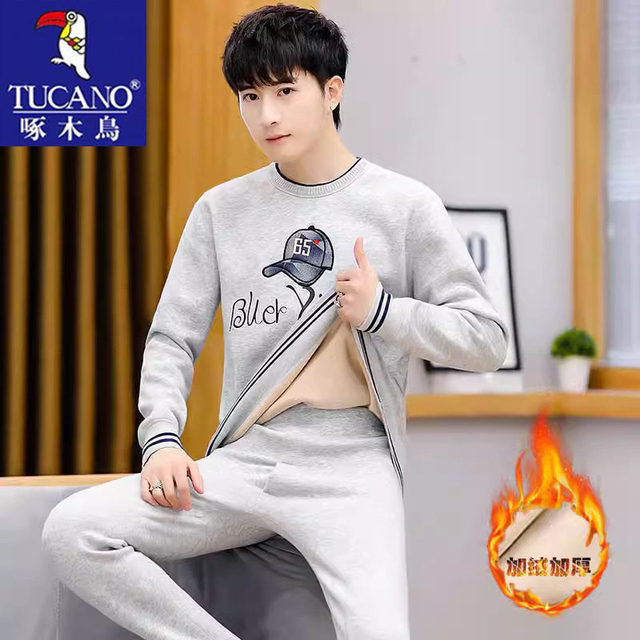 Woodpecker Winter Sheep Velvet Thermal Underwear Set Men's Velvet Thickened Autumn Clothes and Autumn Pants Teenagers' Bottoming Shirt