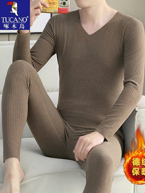 Woodpecker Thermal Underwear Set Men's German Velvet Seamless Bottoming Shirt Autumn and Winter Plus Velvet Thin Heated Autumn Clothes and Autumn Pants