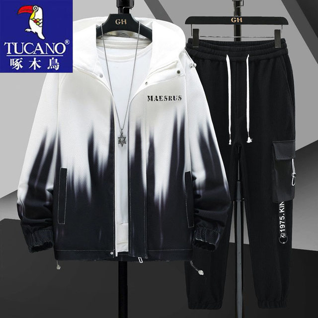 Woodpecker autumn and winter hooded jacket men's loose gradient color trendy jacket men's suit with a set of clothes