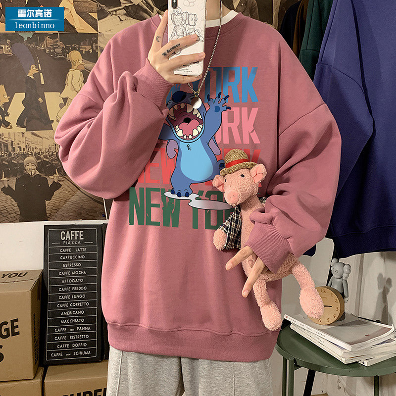 Plus velvet thick cotton T men's round neck loose spring and autumn inner tops couple cartoon bottoming shirts large size trend coat