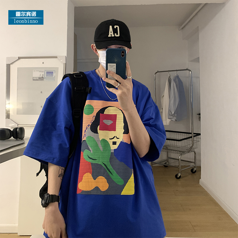 Abstract printed short sleeves T-shirt male summer American retro tide signs 50% sleeves Tide Klein blue erox